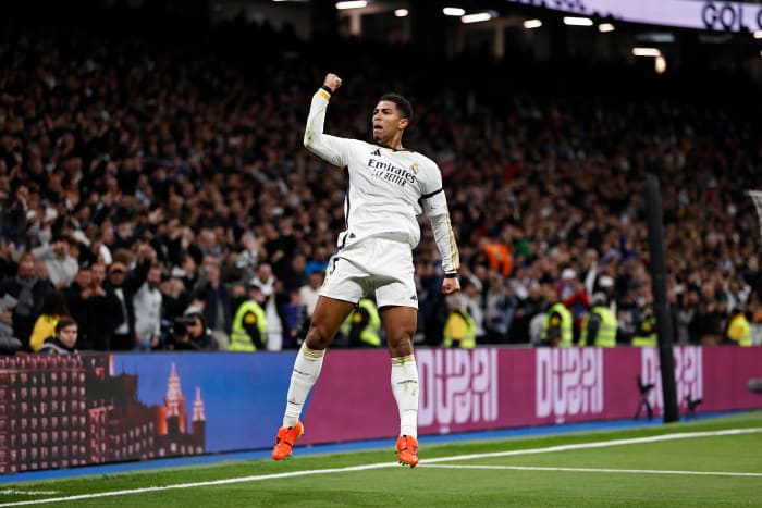 Jude Bellingham pictured celebrating after scoring for Real Madrid in a 4-1 win over Villarreal on Sunday